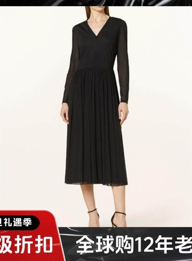 UNI CLOSET黑色长袖连衣裙中长网上袖纯色优雅英伦日常通勤显瘦