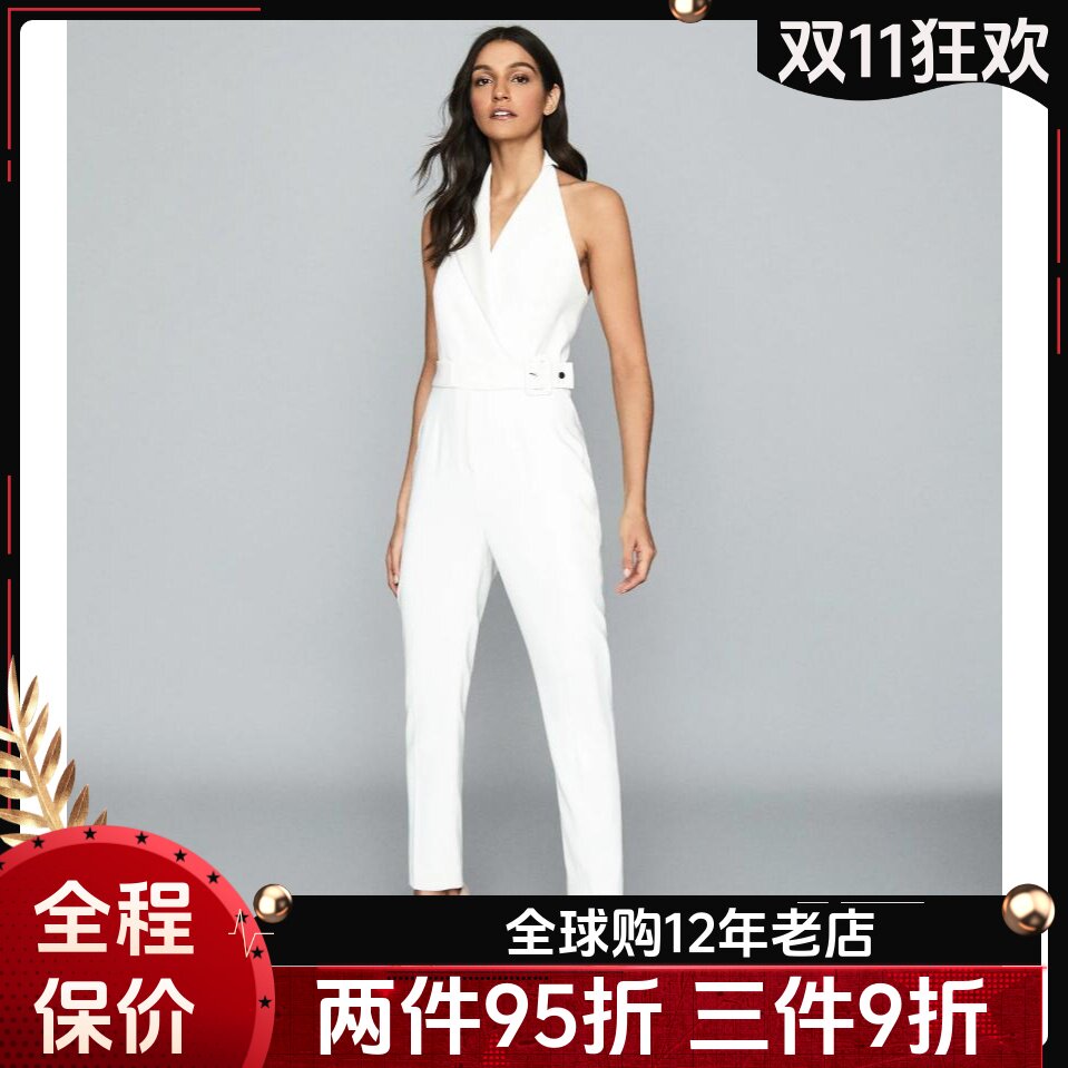 白色露背挂脖束腰西服领连体裤