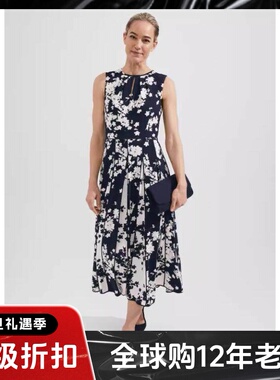 HOBBS深蓝色印花连衣裙百褶裙白色印花高腰修身优雅英伦显瘦百搭