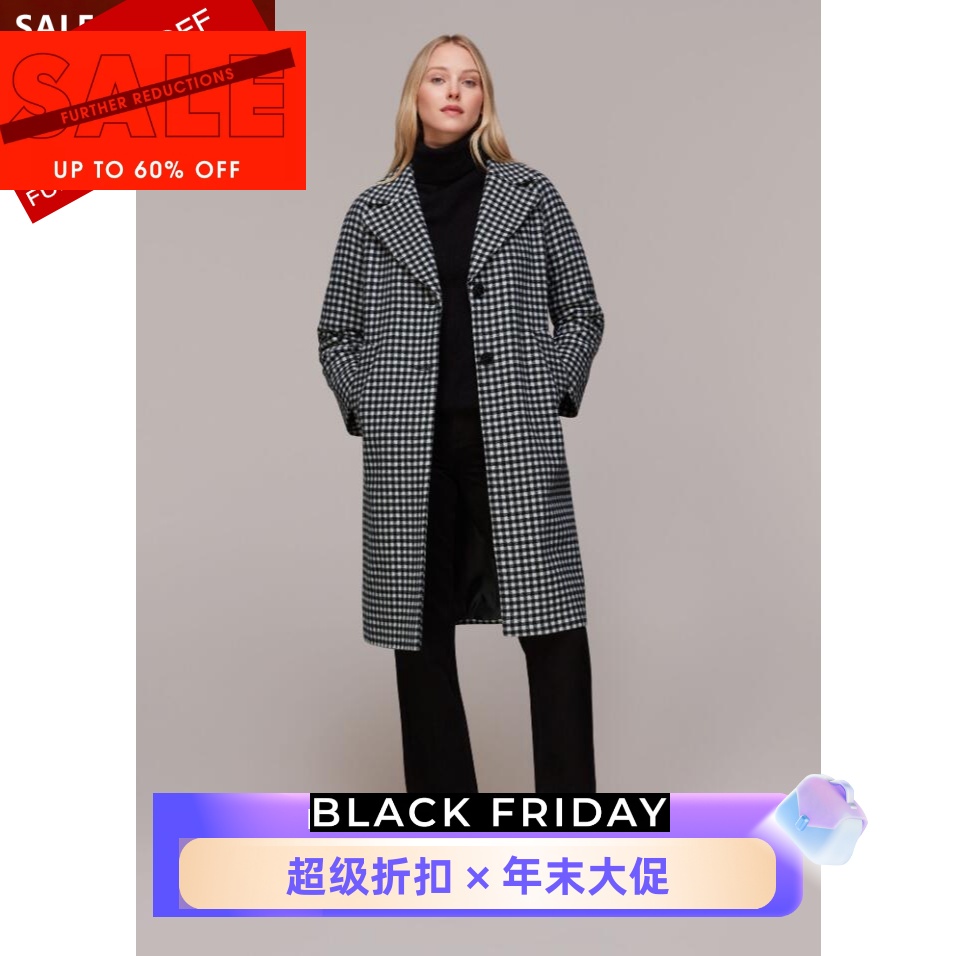 WHISTLES细格纹羊毛大衣气质英伦