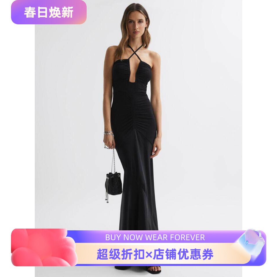 REISS黑色连衣裙礼服裙挂脖吊带鱼尾长裙褶皱修身优雅大气名媛