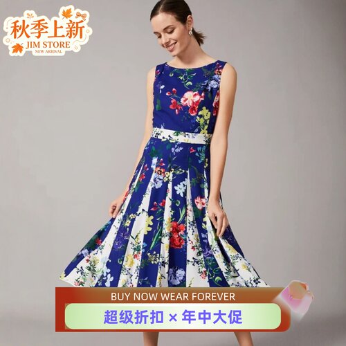 Phase Eight连衣裙中长蓝色碎花高腰修身无袖圆领复古英伦淑女风