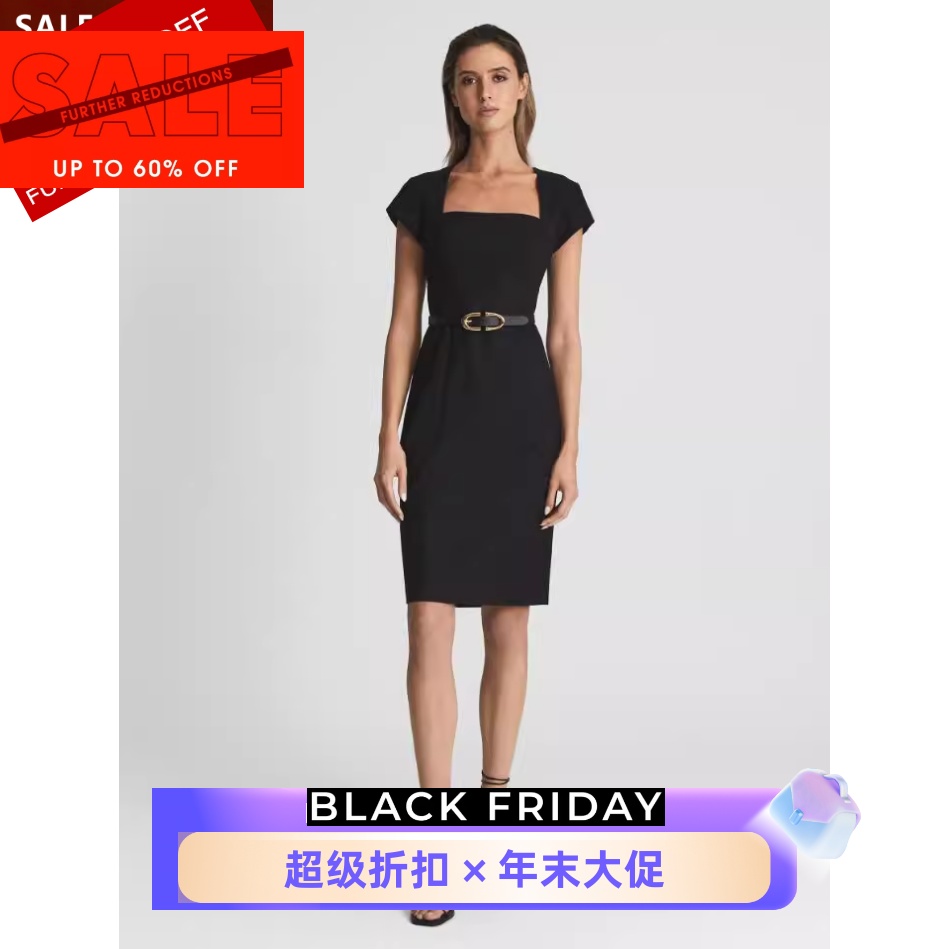REISS黑色方领包臀西服裙
