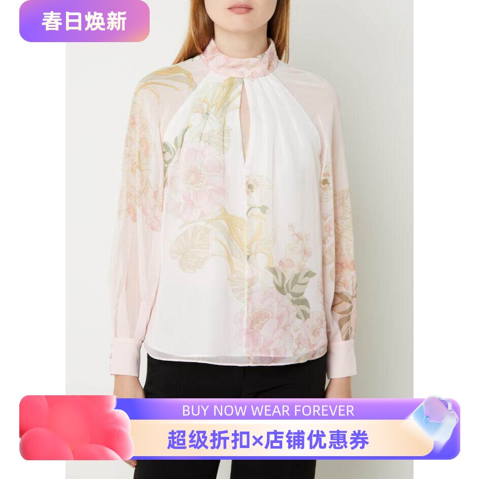 英国品牌长袖衬衫衬衣纱网雪纺印花优雅淑女通勤休闲气质百搭