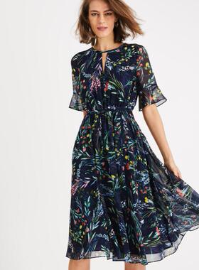 Phase Eight短袖雪纺连衣裙中藏蓝碎花A字大摆纱网气质英伦百搭