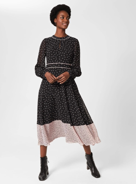 HOBBS长袖连衣裙中长拼色黑色碎花纱网修身中长高腰修身气质英伦