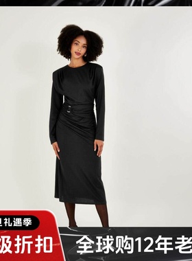 UNI CLOSET长袖连衣裙黑色裹腰褶皱设计中长包臀优雅修身显瘦通勤