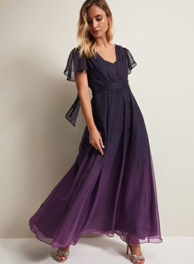 Phase Eight短袖连衣裙度假裙深紫色长裙V领系带高腰修身优雅名媛