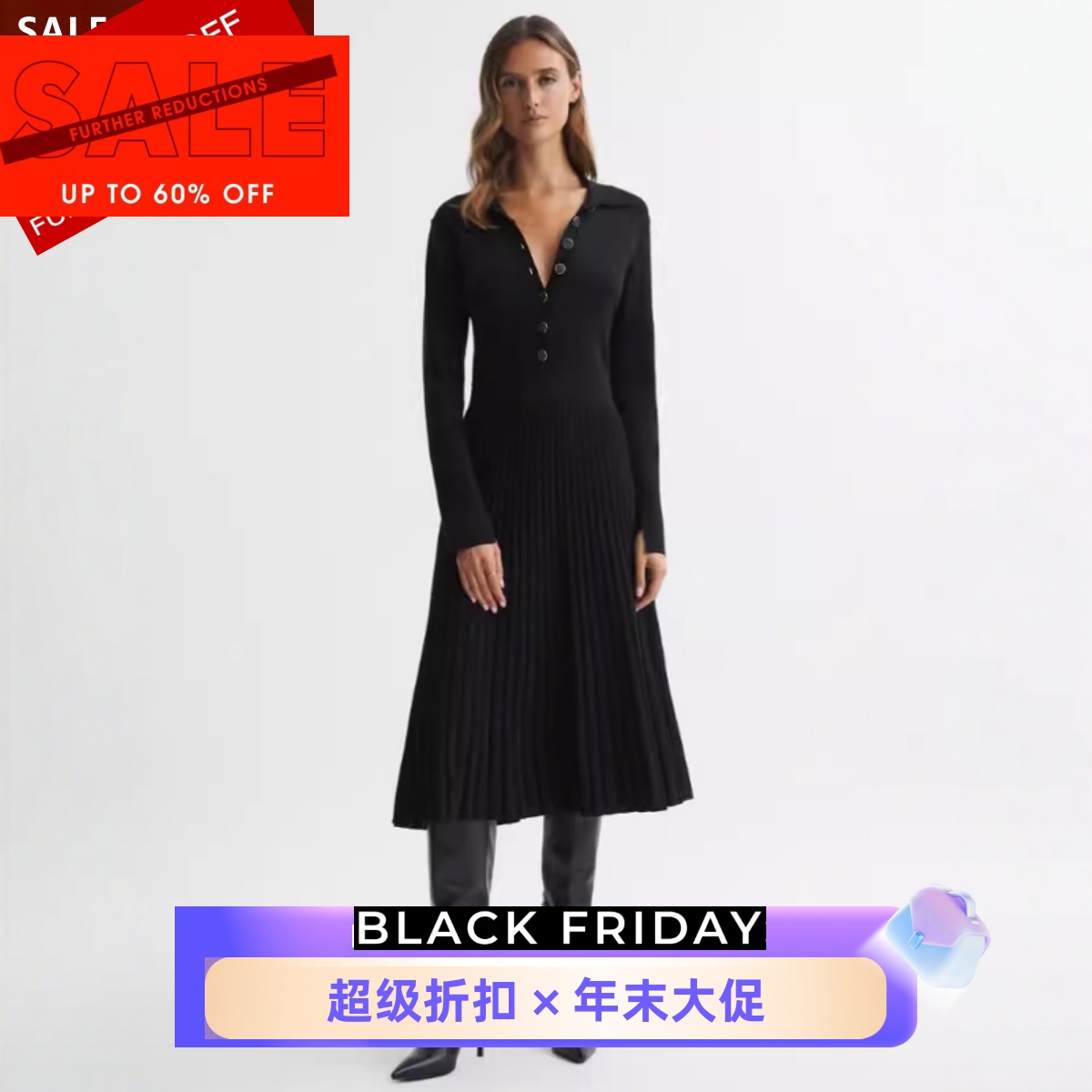 REISS连衣裙长袖百褶裙针织裙中长A字衬衫领优雅英伦风大气百搭