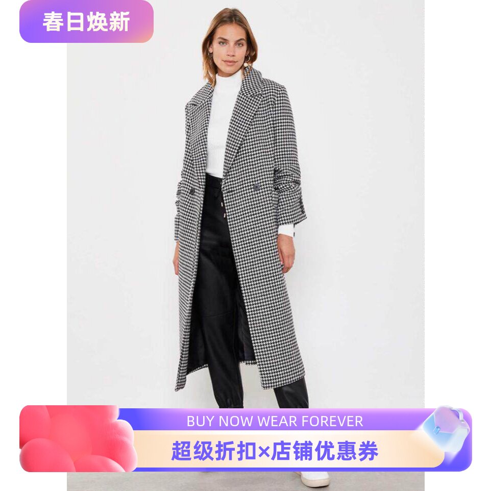 UNI CLOSET西服领羊毛毛呢大衣外套千鸟格黑白双排扣中长修身英伦