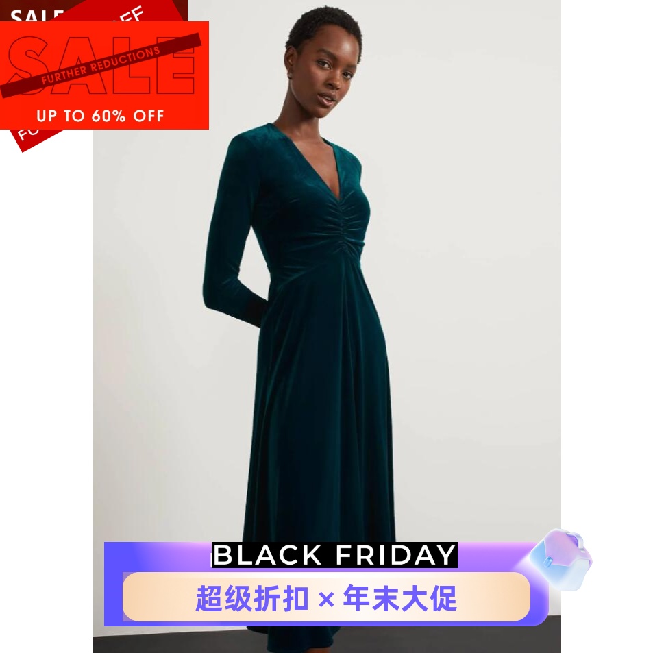 HOBBS青绿色长袖丝绒连衣裙