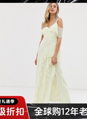 UNI CLOSET浅黄色礼服裙度假裙连衣裙长裙木耳荷叶边优雅飘逸