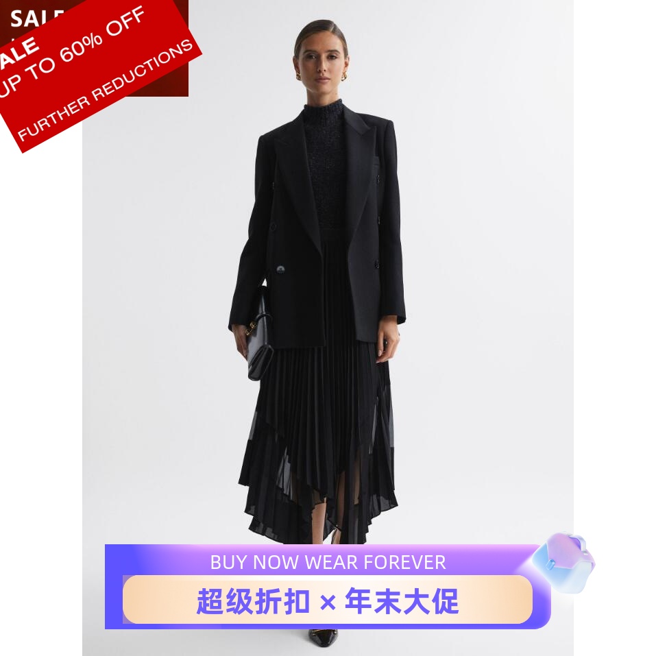 REISS百褶裙半身裙黑色中长不规则裙摆纱网拼接优雅气质通勤百搭