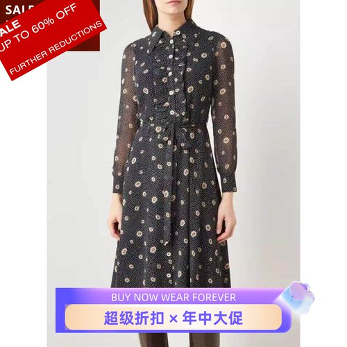长袖印花连衣裙优雅英伦淑女风