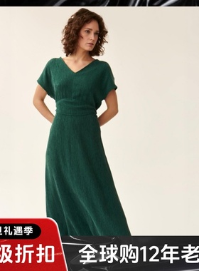 UNI CLOSET短袖连衣裙长裙休闲茶歇裙松绿色A字露背V领高腰修身