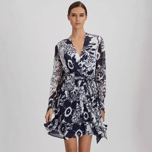 REISS长袖连衣裙一步裙蓝白印花裹腰系带清新淑女英伦风气质百搭