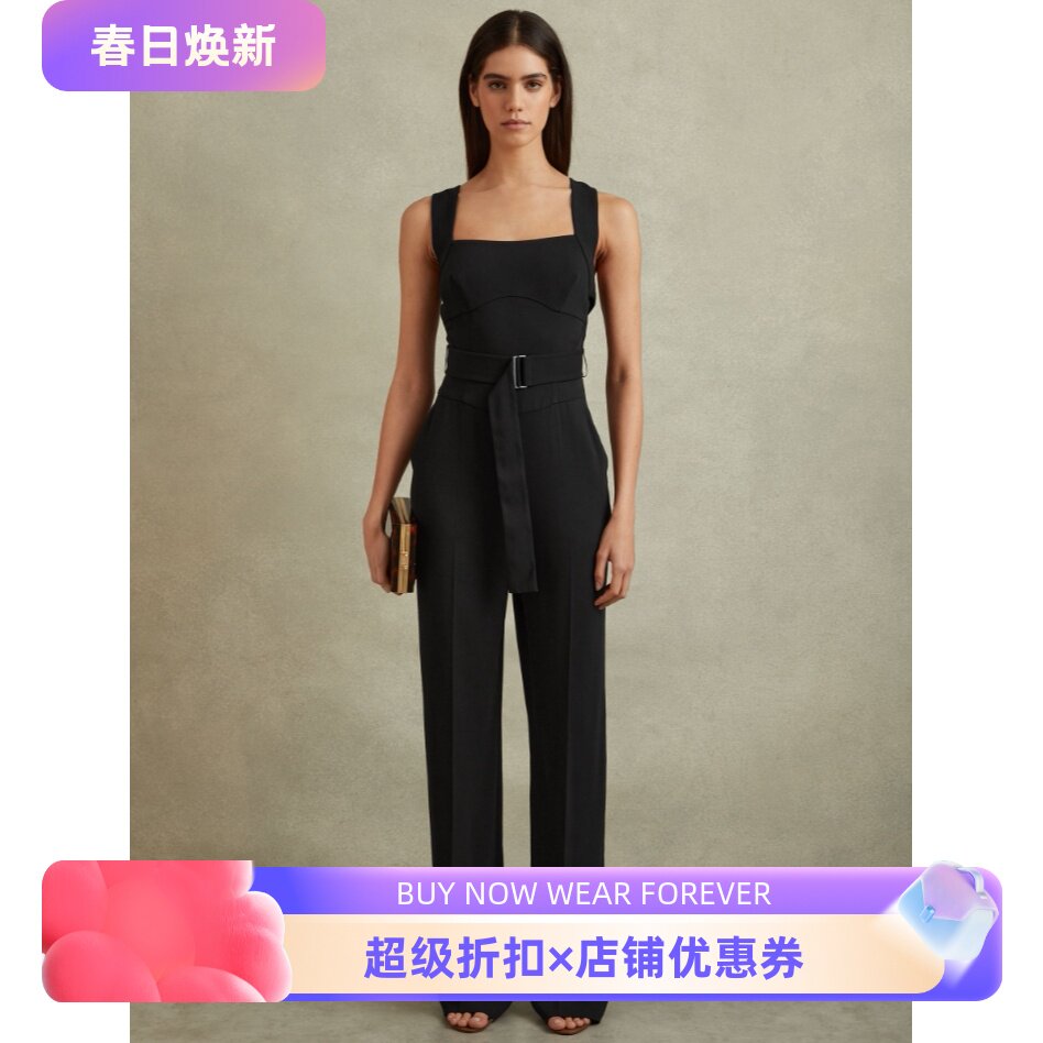 REISS黑色连体裤连衣裤吊带长裤纯色露背高腰配腰带休闲英伦显瘦