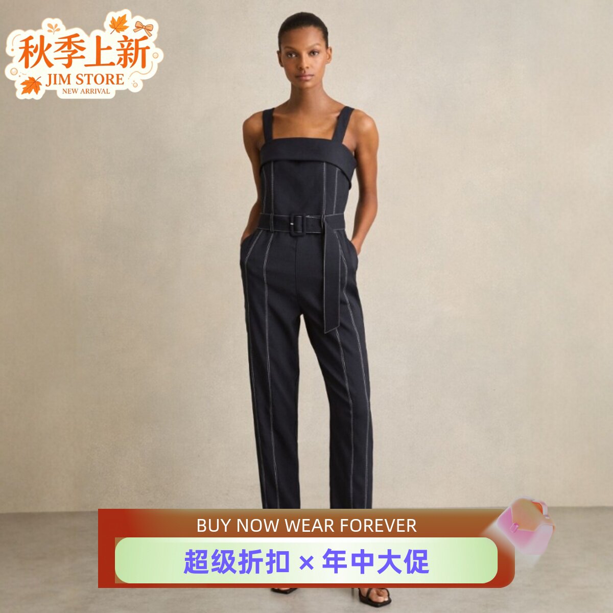 REISS藏蓝吊带裹胸连体裤无袖长裤缝线配腰带高腰修身休闲气质