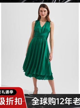 HOBBS绿色裹腰连衣裙系带修身纯色中长款优雅气质高腰修身名媛