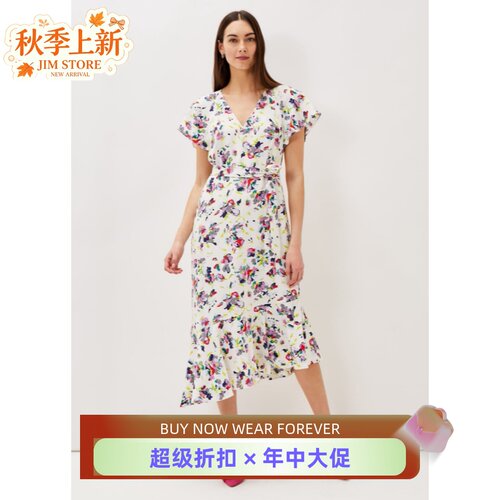 Phase Eight短袖连衣裙碎花印花中长斜摆系带修饰清新淑女优雅