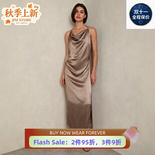 REISS吊带连衣裙度假裙缎面中长水貂色露背绑带堆堆领优雅气质