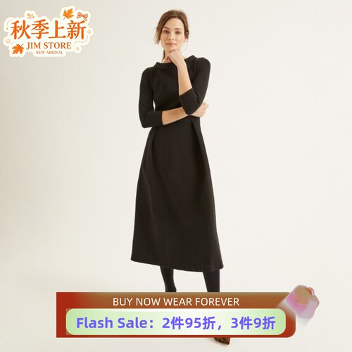 HOBBS七分袖连衣裙黑色中长A字裙高腰修身纯色气质英伦显瘦