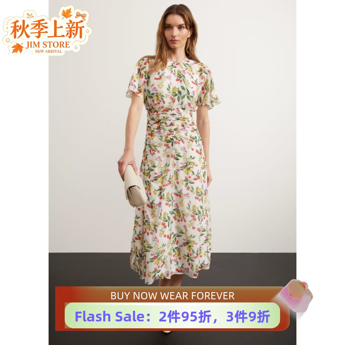 HOBBS短袖连衣裙中长裙白底碎花樱桃图案褶皱修身优雅淑女风