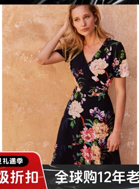 Phase Eight短袖连衣裙黑色印花系带中长V领碎花优雅气质英伦百搭