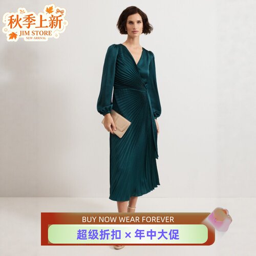Phase Eight长袖百褶连衣裙V领光泽断面孔雀绿系带优雅英伦气质