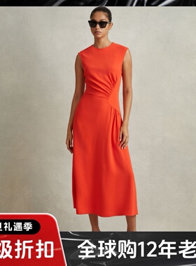 REISS红色连衣裙长裙纯色高腰修身无袖褶皱设计优雅气质名媛风