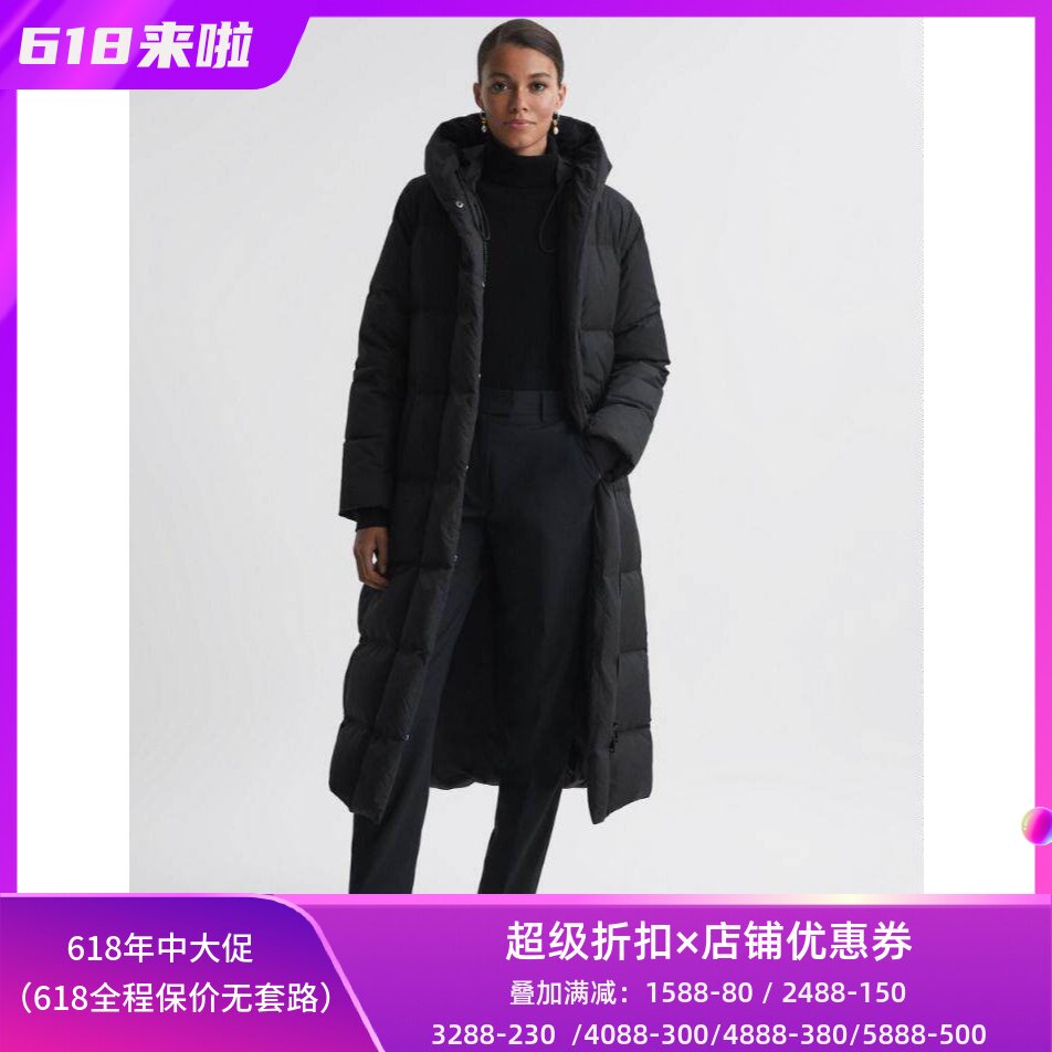 REISS黑色中长连帽羽绒服