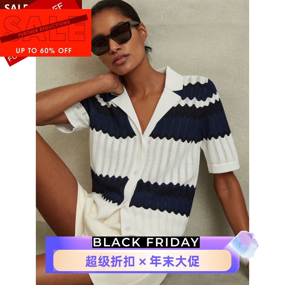 REISS夏季开衫针织衫西服领蓝白拼色波浪横条纹休闲通勤百搭OL风