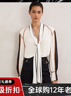 REISS白色长袖衬衫衬衣飘带蝴蝶领拼色条纹设计简约大气日常通勤