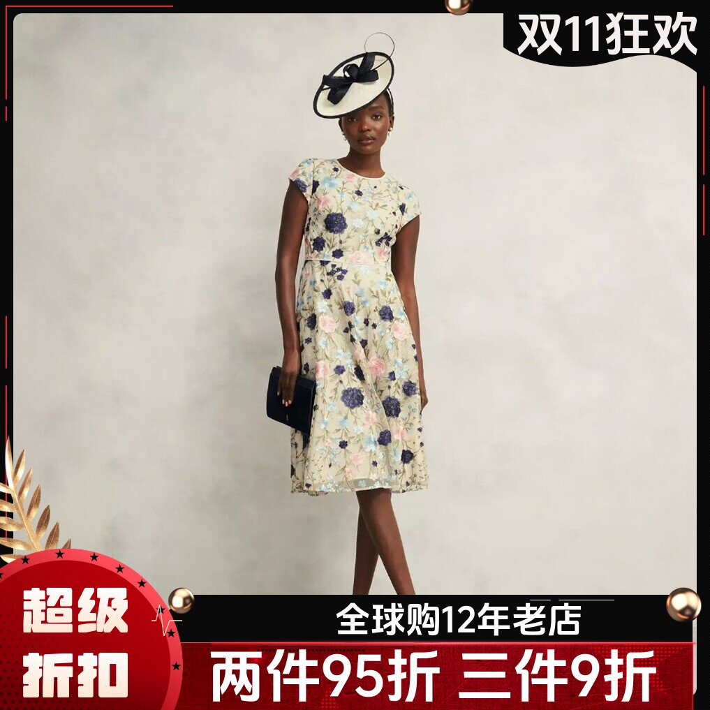 HOBBS乳白重工刺绣连衣裙碎花A字裙高腰修身优雅名媛礼服网纱裙