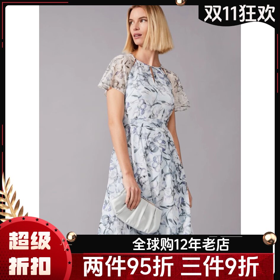 Phase Eight短袖雪纺连衣裙浅蓝碎花系带清新淑女飘逸百搭优雅