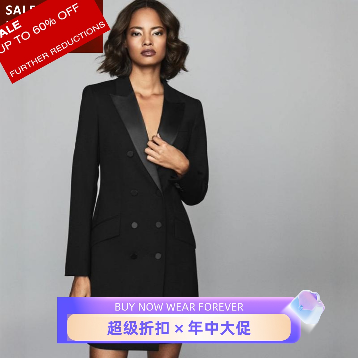REISS长袖连衣裙西服裙正装裙黑色双排扣修身腰带羊毛气质通勤OL