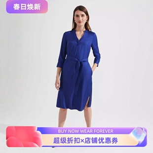 HOBBS七分袖衬衫裙连衣裙中长系带宝蓝色纯色简约日常通勤OL百搭