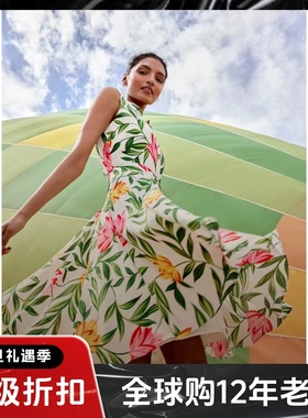 HOBBS连衣裙衬衫裙无袖白底绿色印花碎花系带修身清新淑女英伦风