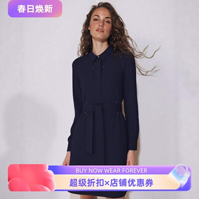 Phase Eight长袖连衣裙衬衫裙藏蓝色系带纯色气质优雅通勤百搭OL