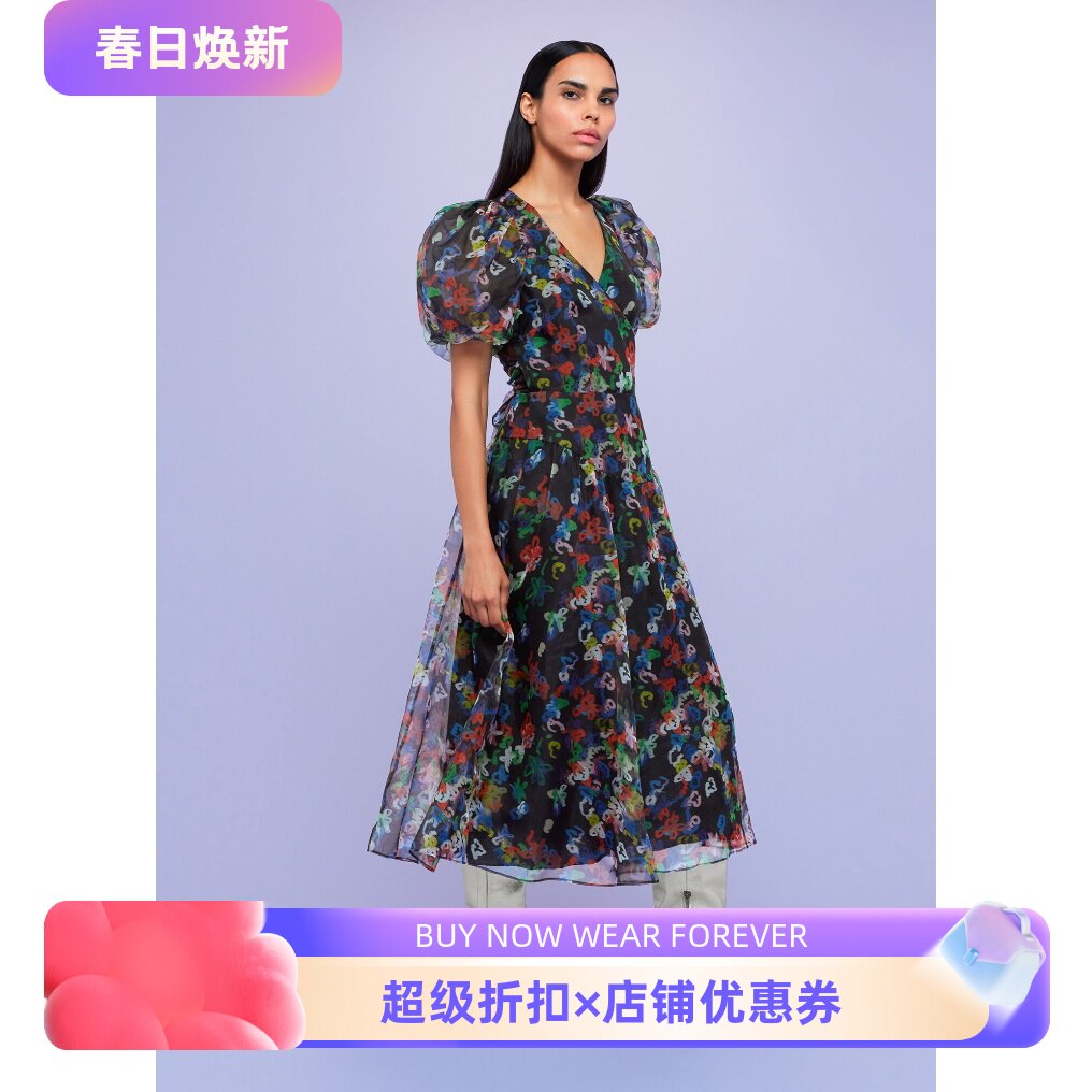 WHISTLES短袖真丝连衣裙桑蚕丝中长款繁花印染碎花优雅英伦风