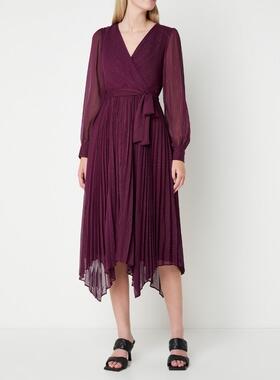 Phase Eight长袖连衣裙百褶裙酒红色裹腰系带优雅飘逸英伦气质