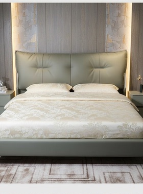 高档现代简约女孩软包床灰色真皮床次卧男青年牛皮床橙色主卧大床