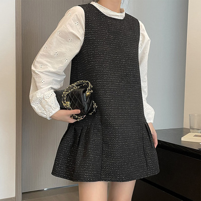 莉之绮气质名媛小香连衣裙春装新款小个子无袖圆领背心裙女