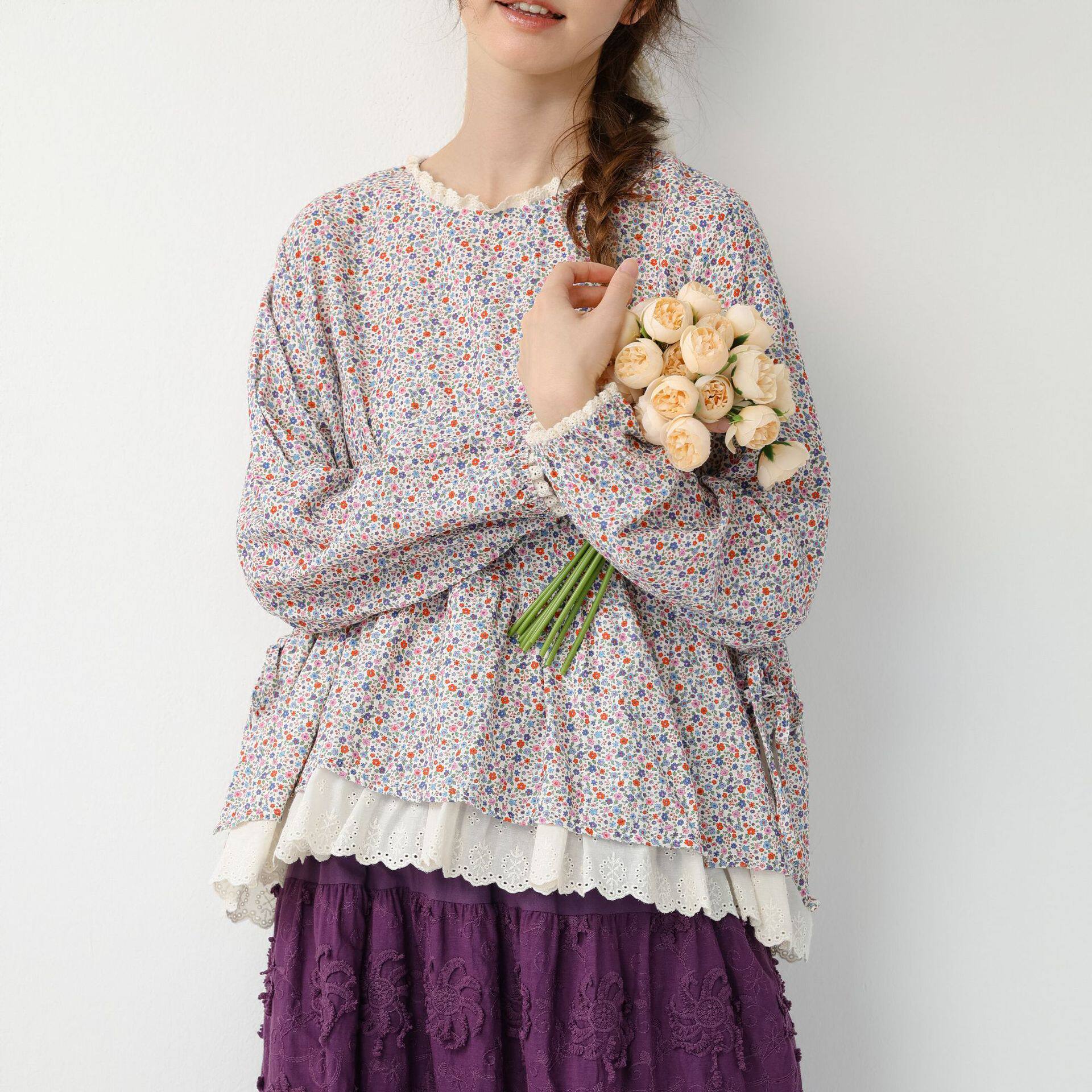 甜美森女拼接碎花长袖娃娃衫宽松百搭田园风纯棉套头上衣春季新款