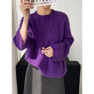 那末圆领慵懒风软糯兔毛毛衣女韩系简约气质宽松超好看针织衫