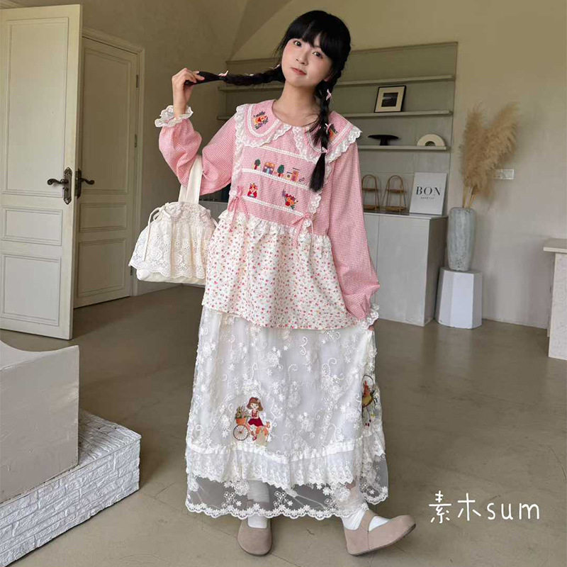 森系盐甜少女甜美刺绣蕾丝半身裙春季日系小清新长款松紧腰A字裙