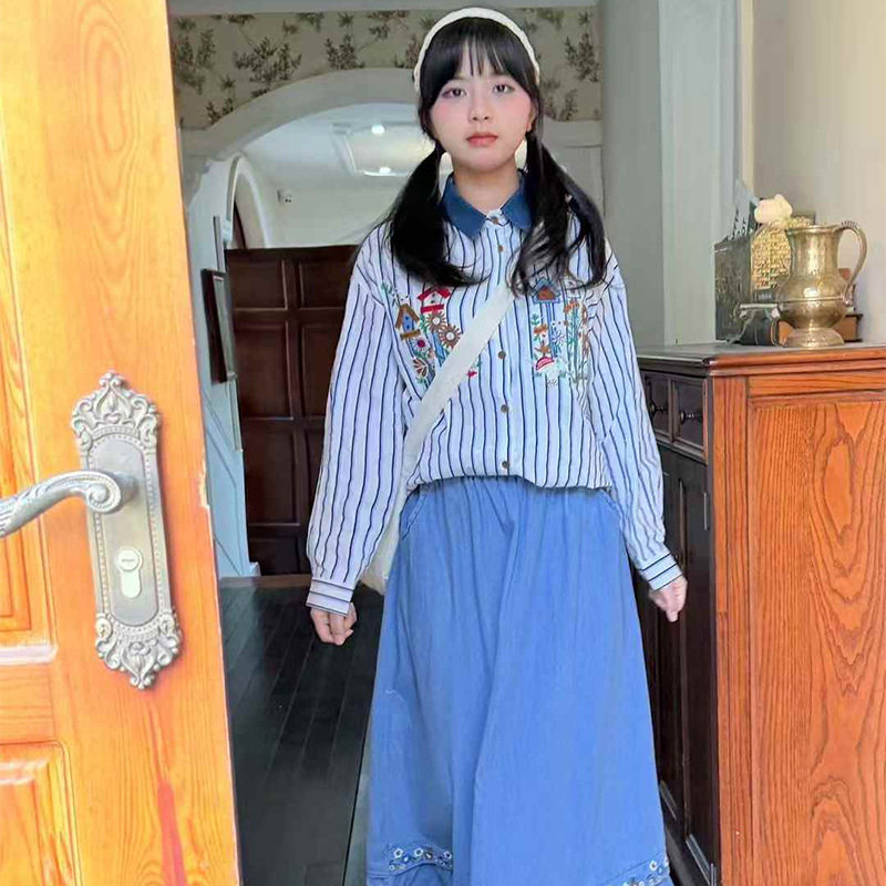 森系文艺复古花朵半身裙时尚宽松高腰a字裙遮胯显瘦休闲牛仔裙