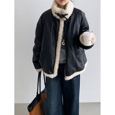 那末韩系复古立领pu皮衣羽绒服女环保羊羔毛领宽松加厚外套