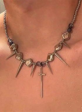 十字架柳钉夸张钛钢女项链男y2k不规则亚文化锁骨链嘻哈颈链饰品