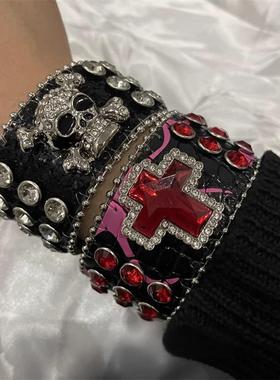 欧美跨境手环十字架手环男嘻哈辣妹朋克水钻手饰个性皮革柳钉手饰